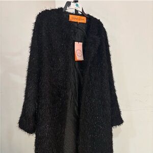 NWT STINE GOYA Alec Fluffy Black Lurex Midi Coat XL